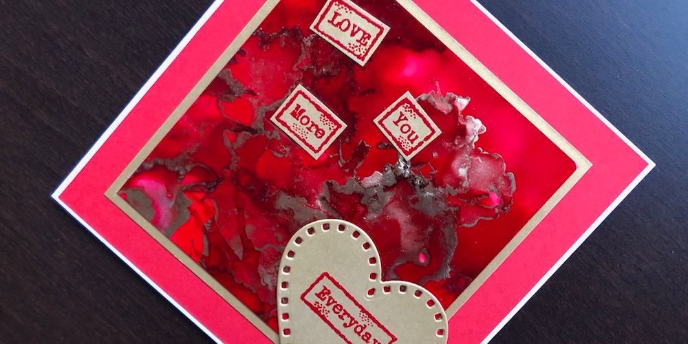 Alcohol ink red and gold Valentine card